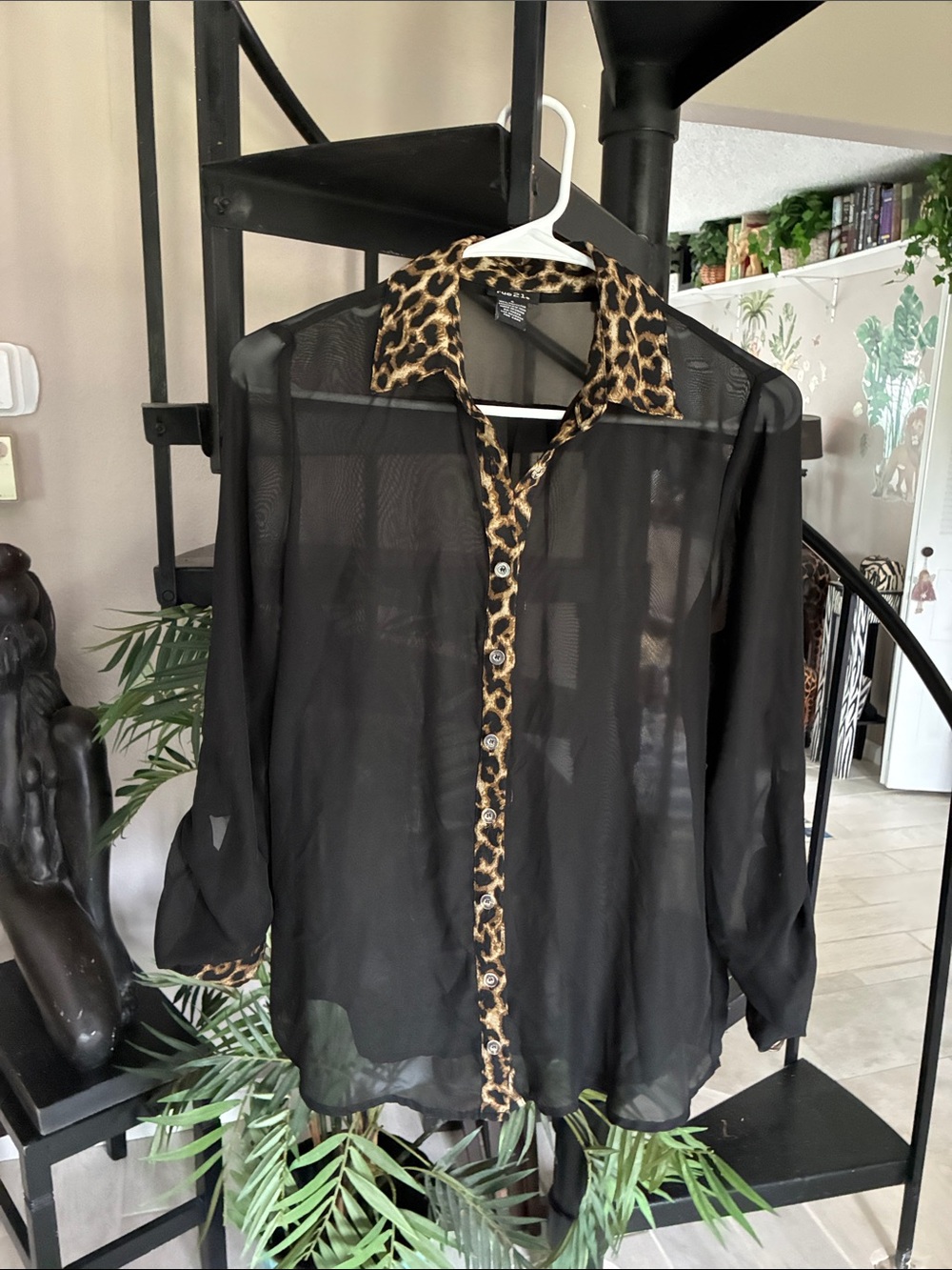 Rue21 Black Sheer Button-Down with Leopard Trim